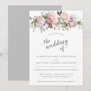 Modern Blush Pink Roses Bouquet Pale Grey Wedding Invitation