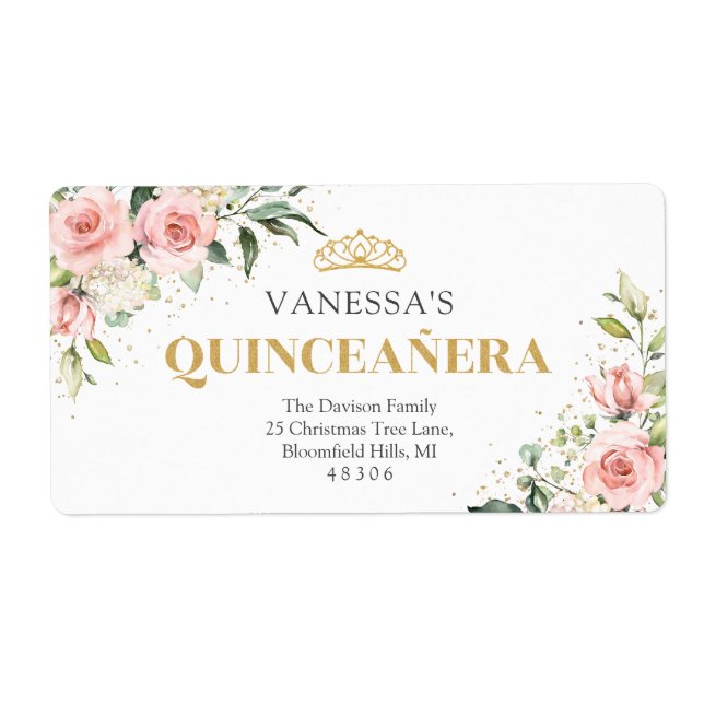 Modern Blush pink roses gold tiara 15th birthday (Front)