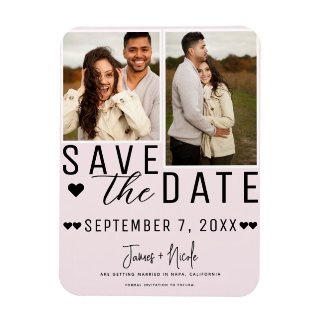 Modern Blush Pink Save the Date 2 Photo Wedding Magnet (Vertical)