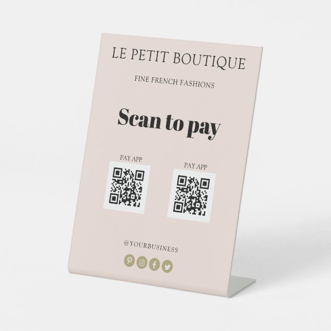 Modern Blush Pink Scan to Pay App 2 QR Codes  Pedestal Sign (Front)