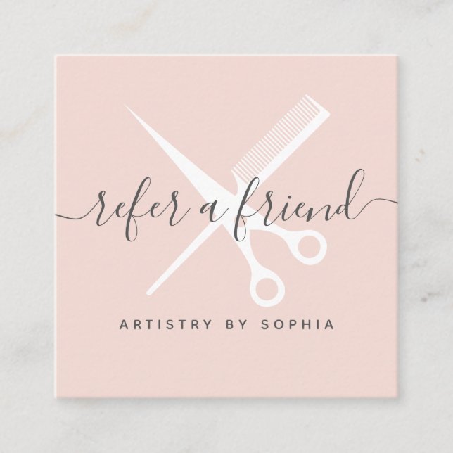 Modern blush pink scissors script refer a friend referral card (Front)