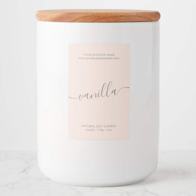 Modern blush pink script candle product label (Front)