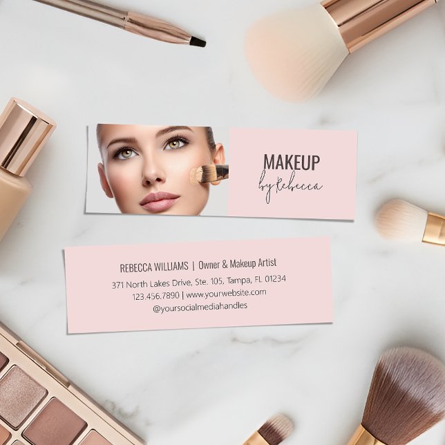 Modern Blush Pink Script Font Makeup Artist Photo Mini Business Card (Modern blush pink slim makeup artist business card with photo)