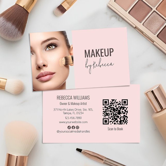 Modern Blush Pink Script Font QR Code Photo Makeup Business Card (Modern blush pink with photo and QR code - ideal for makeup artists and beauty businesses)