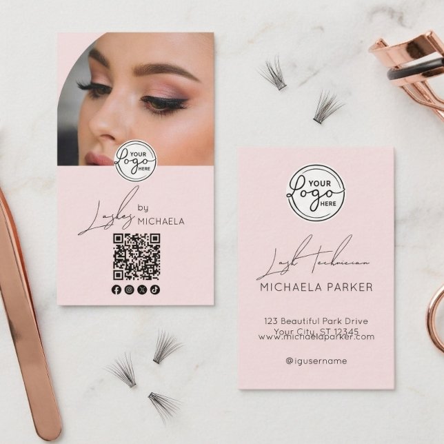Modern Blush Pink Script Logo QR Code Photo Lashes Business Card (Creator Uploaded)