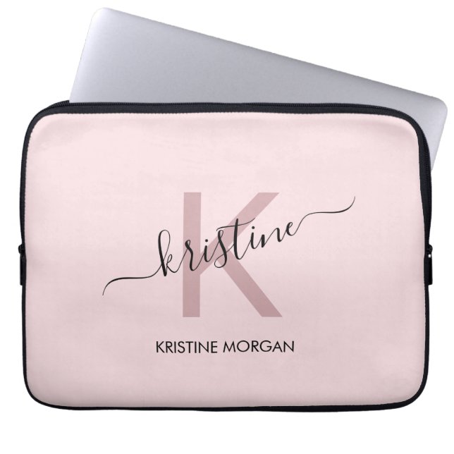 Modern blush pink script monogram name laptop sleeve (Front)