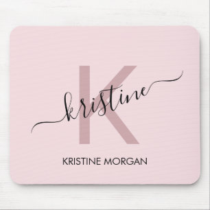 Modern blush pink script monogram name mouse pad