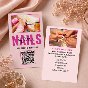 Modern Blush Pink Script Photo Qr Code  Nail Salon Business Card