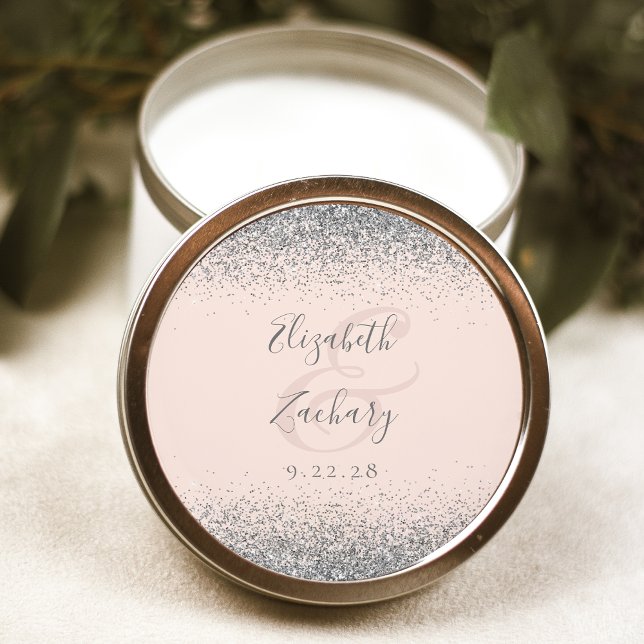 Modern Blush Pink Silver Glitter Edge Wedding Classic Round Sticker (Creator Uploaded)