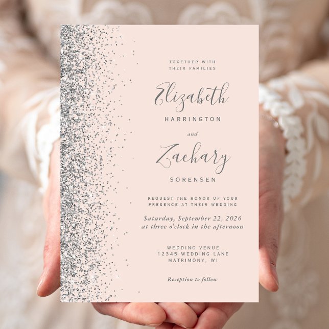 Modern Blush Pink Silver Glitter Edge Wedding Invitation (Creator Uploaded)