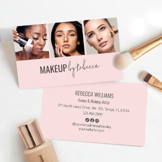 Modern Blush Pink Social Icons 3 Photo Makeup Business Card