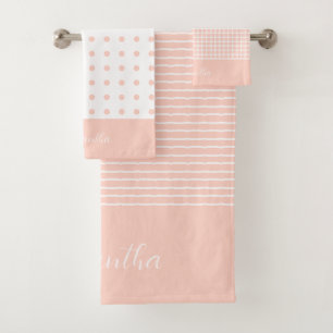 Modern Blush Pink Stripes Polka Dot Check Bath Towel Set