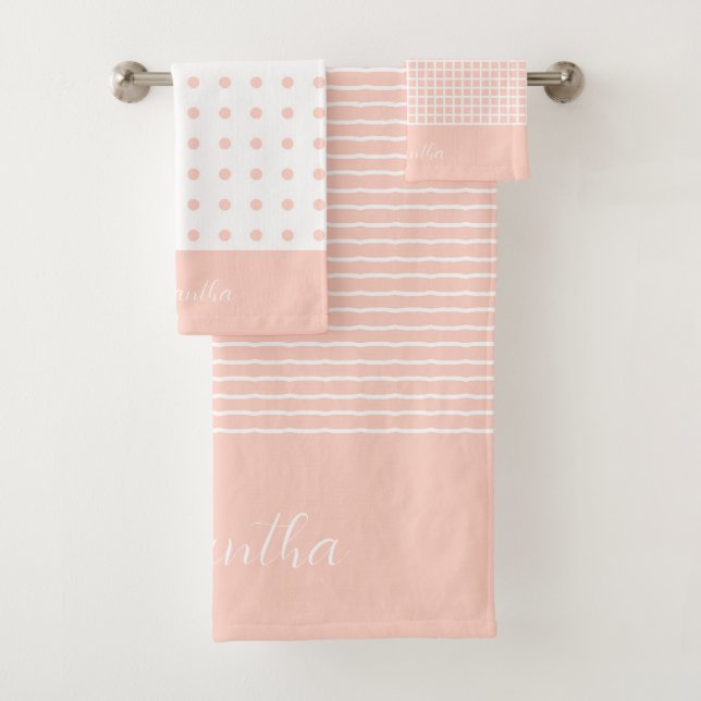 Modern Blush Pink Stripes Polka Dot Check Bath Towel Set (Insitu)