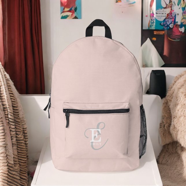 Modern Blush Pink Stylish Monogram Typography Printed Backpack (Personalize with your name and monogram initial.)