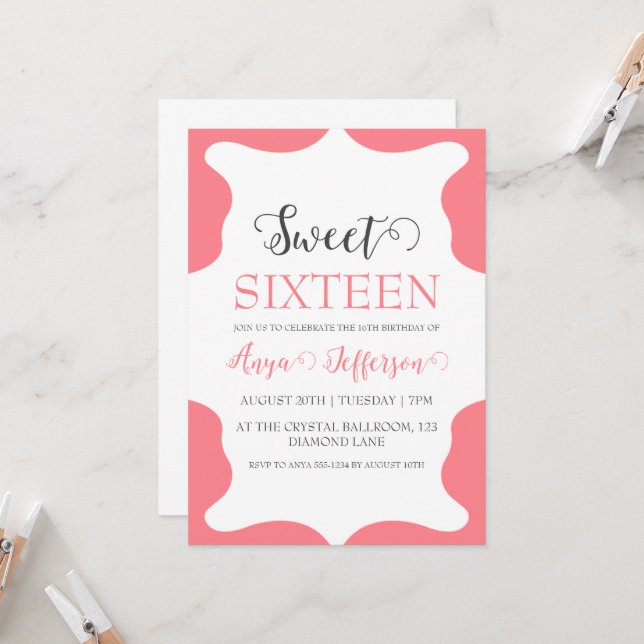 modern blush pink sweet 16 birthday invitations (Front/Back In Situ)