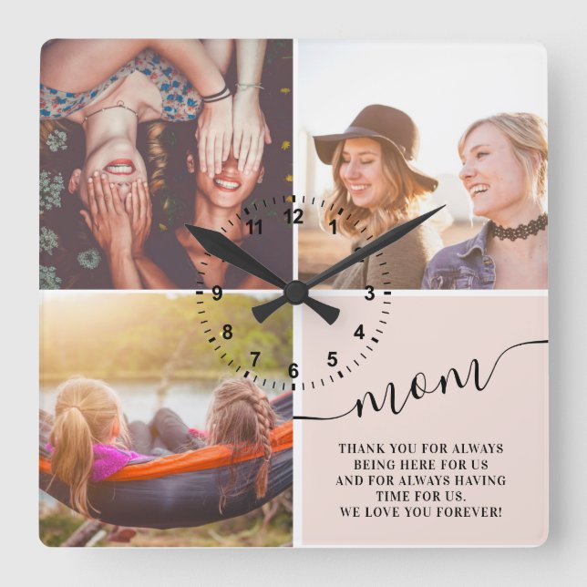 Modern blush pink thank you mum 3 photo collage square wall clock (Front)