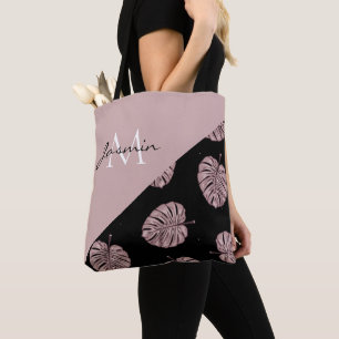 Modern Blush Pink Tropical Leaf Monogram Tote Bag