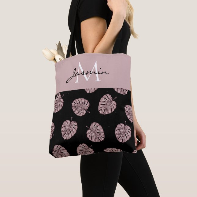 Modern Blush Pink Tropical Leaf Monogram Tote Bag (Close Up)