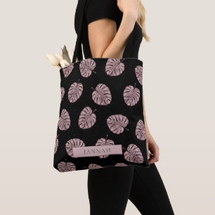 Modern Blush Pink Tropical Leaf Name Pattern Tote Bag