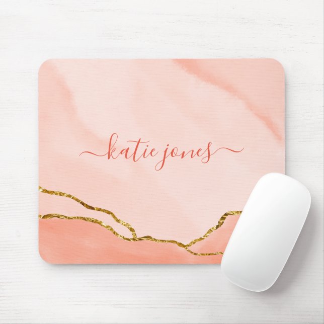 Modern Blush Pink Watercolor & Faux Gold Mouse Pad (With Mouse)
