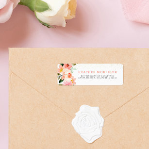 Modern Blush Pink Watercolor Floral & Gold Return Address Label