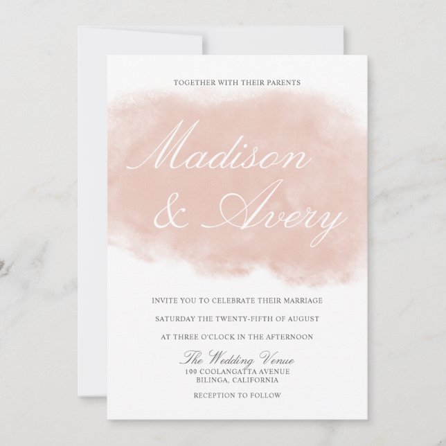 Modern Blush Pink Watercolor Splash Wedding Invitation (Front)