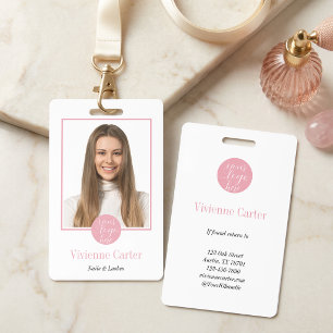 Modern Blush Pink White Logo Photo Nail Salon ID Badge