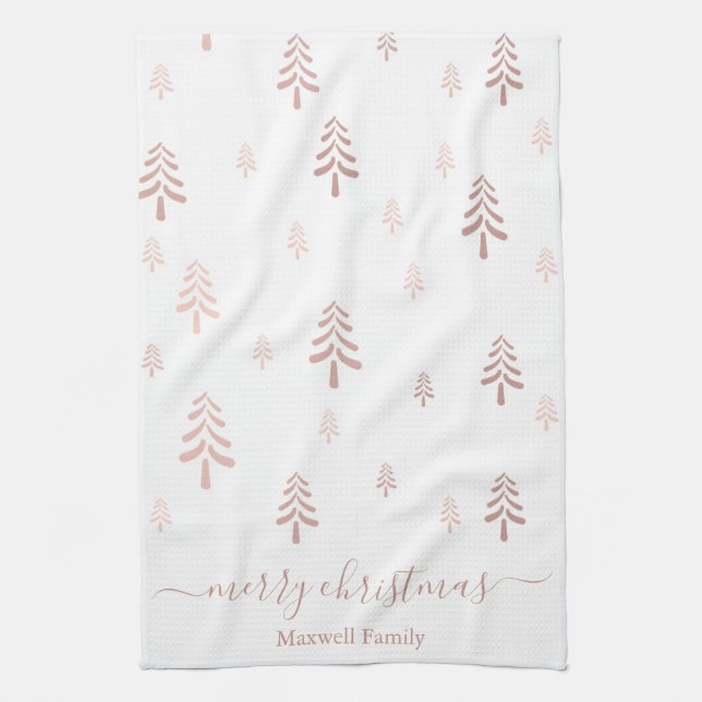 Modern blush pink white merry christmas trees name tea towel (Vertical)