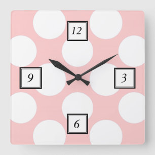 Modern Blush Pink White Polka Dots Pattern Square Wall Clock