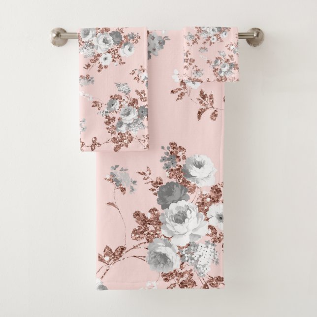 Modern blush pink white rose gold glitter floral bath towel set (Insitu)