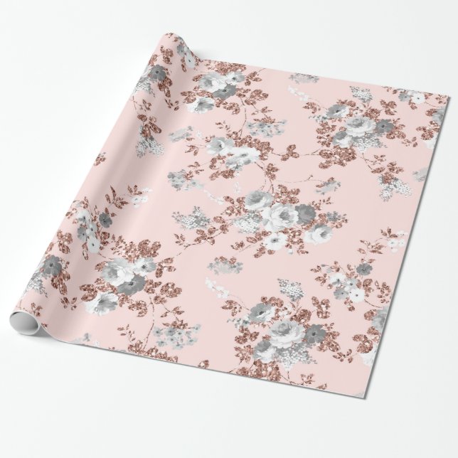 Modern blush pink white rose gold glitter floral wrapping paper (Unrolled)