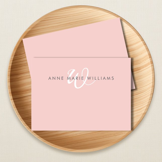 Modern Blush Pink White Script Monogram Card (Creator Uploaded)
