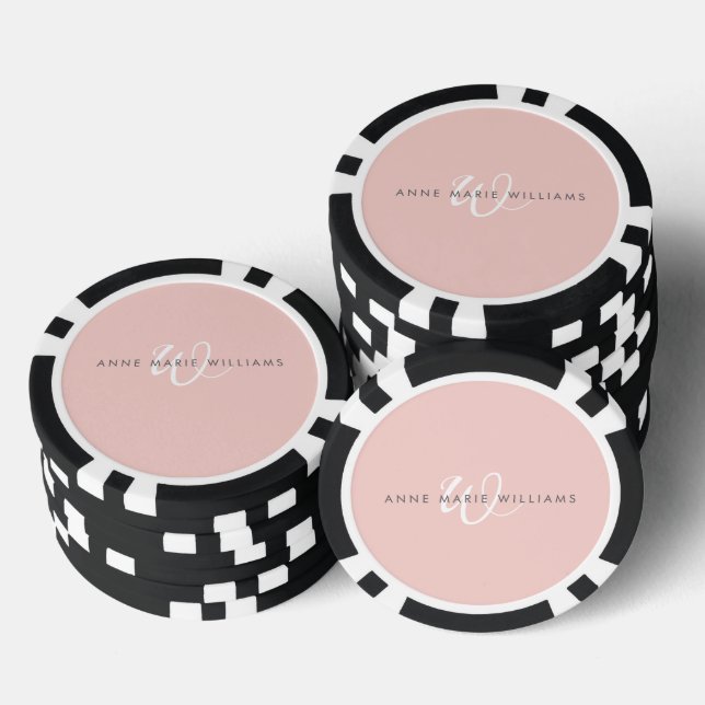 Modern Blush Pink White Script Monogram Poker Chips (Stack)