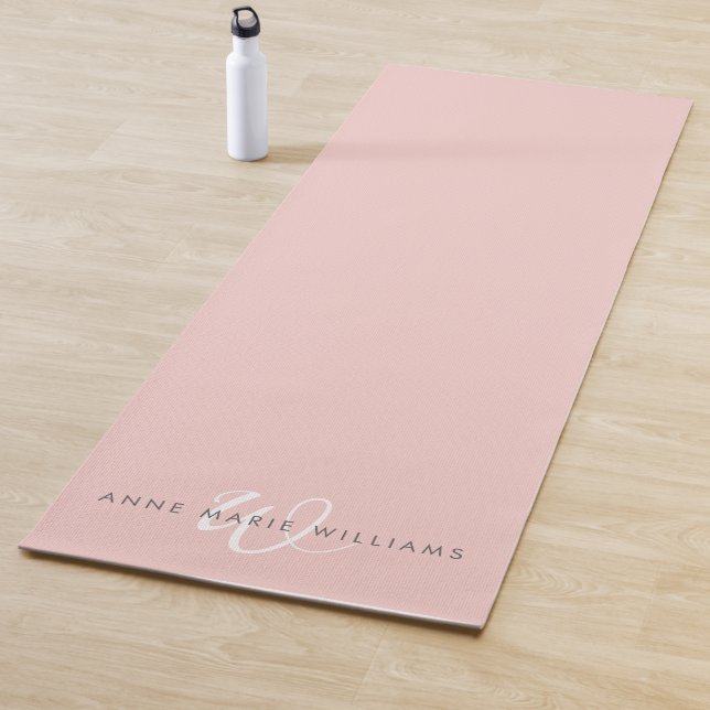 Modern Blush Pink White Script Monogram Yoga Mat (In Situ)
