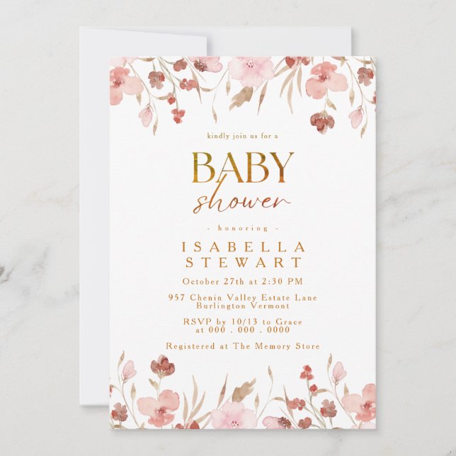 Modern Blush Pink Wildflower Elegant Baby Shower Invitation (Front)