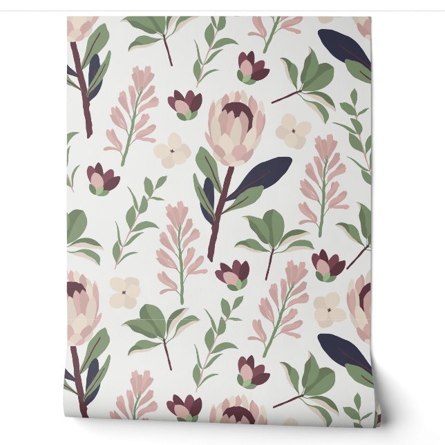 Modern Blush Protea and Wildflower Botanical Wallpaper (Unrolling)