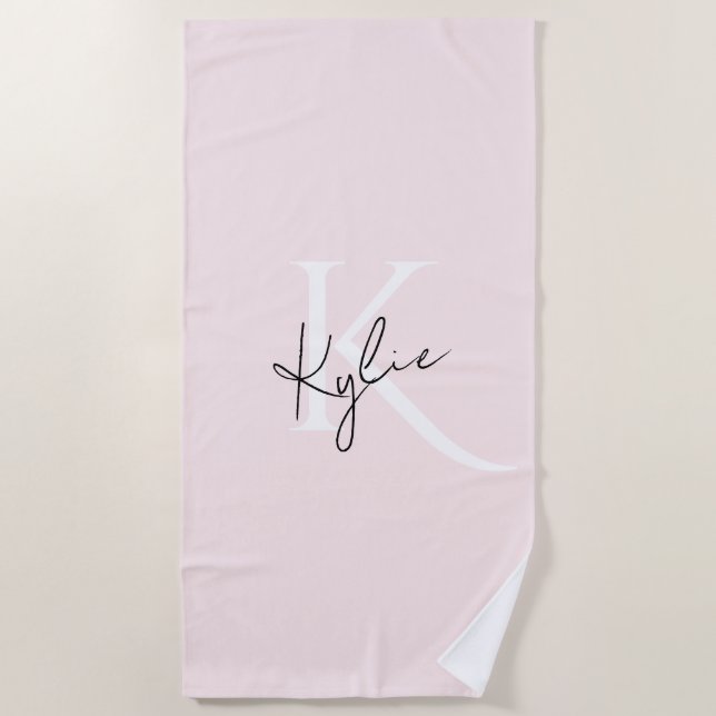 Modern Blush Rose Personalised Monogram Name -  Beach Towel (Front)