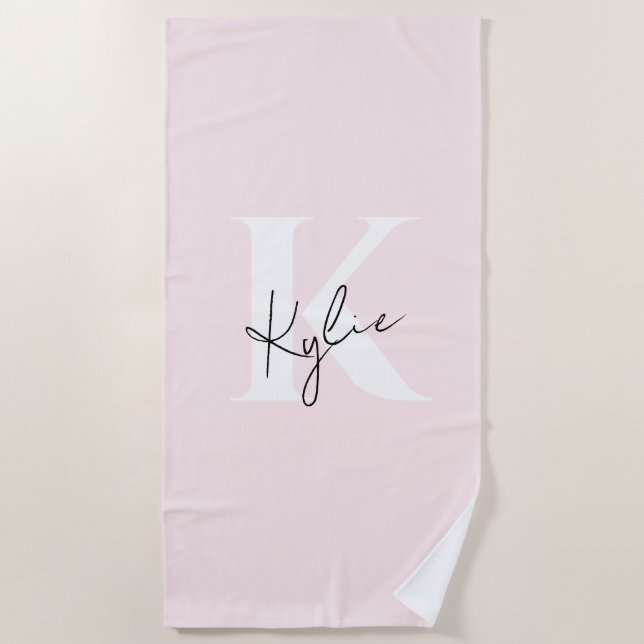 Modern Blush Rose Personalised Monogram Name -  Beach Towel (Front)