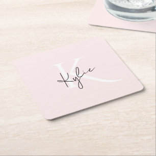 Modern Blush Rose Personalised Monogram Name -  Square Paper Coaster
