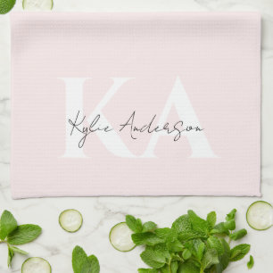 Modern Blush Rose Personalised Monogram Name - Tea Towel
