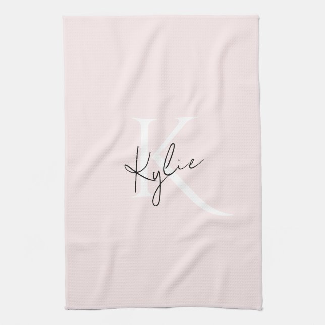 Modern Blush Rose Personalised Monogram Name -  Tea Towel (Vertical)