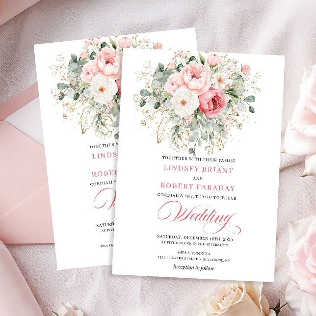Modern Blush Roses Gold Frame Wedding Invitation (Modern Blush Roses Gold Frame Wedding Invitation)