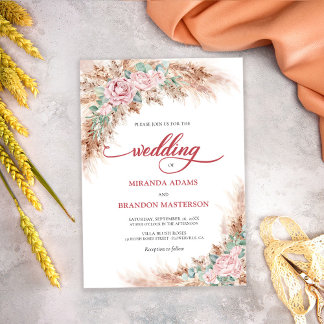 Modern Blush Roses Pampas Grass Floral Wedding Invitation