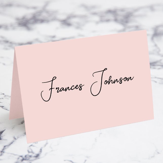 Modern Blush Signature Name Place Cards (Blush and Black Modern Handwritten Signature Style Script Individual Name Place Cards)