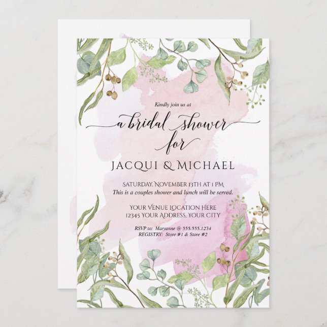 Modern Blush Watercolor Eucalyptus Greenery Bridal Invitation (Front/Back)