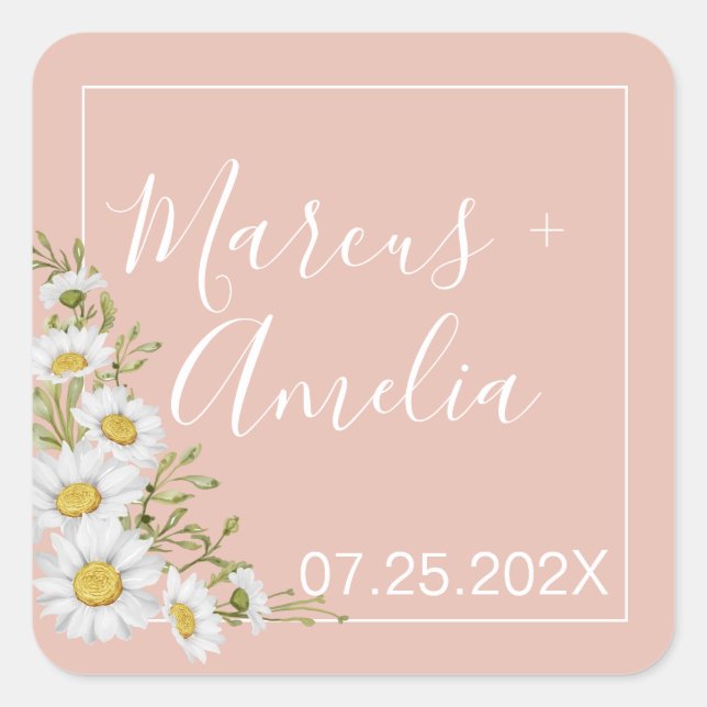 Modern  Blush & White Daisies Wedding  Square Sticker (Front)