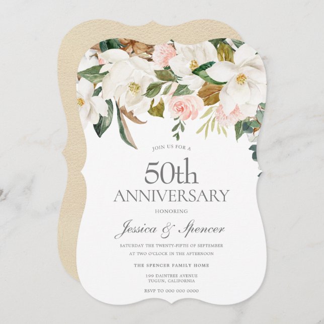 Modern Blush White Floral 50th Wedding Anniversary Invitation (Front/Back)