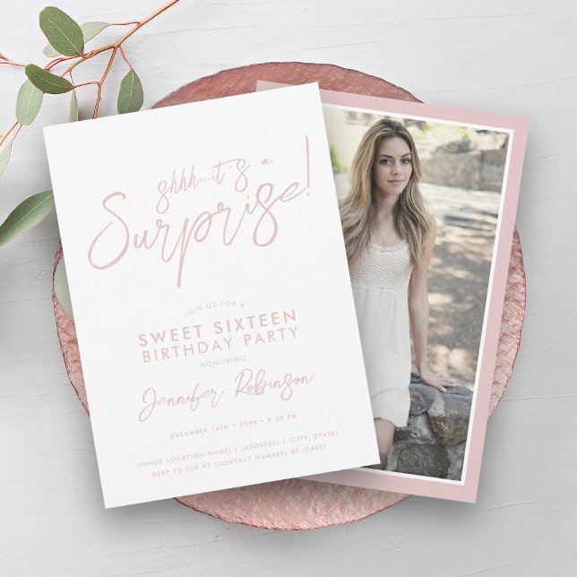 Modern Blush & White Photo Surprise Sweet 16 Invitation (Modern Blush & White Photo Surprise Sweet 16 Invitation)