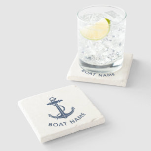 Modern Boat Anchor and Name Beach Trip Custom Stone Coaster