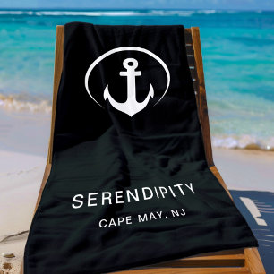 Modern Boat Anchor Monogram Black Beach Towel